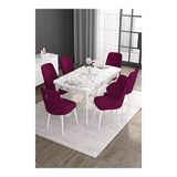 Canisa Noa Serisi 80x132 MDF Açılabilir Beyaz Mermer Desen Masa Takımı Gümüş Halkalı Mürdüm 6 Sandalye