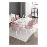 Canisa Noa Serisi 80x132 MDF Açılabilir Beyaz Mermer Desen Masa Takımı Gümüş Halkalı Pembe 6 Sandalye