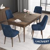 Canisa Noa Serisi MDF 80x132 cm Açılabilir Barok Ahşap Desen 4 Sandalye Gümüş Halkalı Lacivert Mutfak Masası Takımı