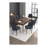 Canisa Noa Serisi MDF 80x132 cm Açılabilir Barok Ahşap Desen 6 Sandalye Gümüş Halkalı Antrasit Mutfak Masa Takımı