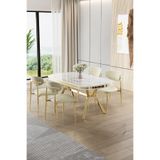 Canisa Olya Serisi 90x168 cm Beyaz Mermer Desen Masa Takımı, Gold Ayaklı, 4 Krem Sandalye