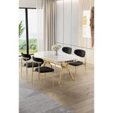 Canisa Olya Serisi 90x168 cm Beyaz Mermer Desen Masa Takımı, Gold Ayaklı, 4 Siyah Sandalye