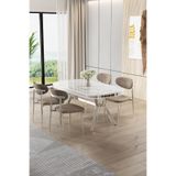 Canisa Olya Serisi 90x168 cm Beyaz Mermer Desen Masa Takımı, Krom Ayaklı, 4 Cappucino Sandalye