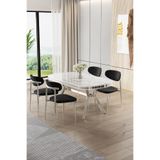 Canisa Olya Serisi 90x168 cm Beyaz Mermer Desen Masa Takımı, Krom Ayaklı, 4 Siyah Sandalye