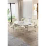 Canisa Olya Serisi 90x168 cm Beyaz Mermer Desenli Masa Takımı, Krom Ayaklı, 6 Krem Sandalye