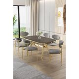 Canisa Olya Serisi 90x168 cm Lak Panel Antrasit İroni Masa Takımı, Gold Ayaklı, 6 Gri Sandalye