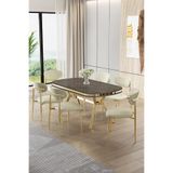 Canisa Olya Serisi 90x168 cm Lak Panel Antrasit İroni Masa Takımı, Gold Ayaklı, 6 Krem Sandalye