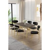 Canisa Olya Serisi 90x168 cm Lak Panel Antrasit İroni Masa Takımı, Gold Ayaklı, 6 Siyah Sandalye