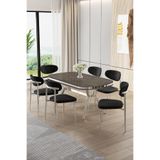 Canisa Olya Serisi 90x168 cm Lak Panel Antrasit İroni Masa Takımı, Krom Ayaklı, 6 Siyah Sandalye