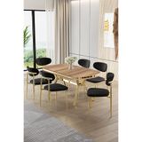 Canisa Olya Serisi 90x168 cm Lak Panel Hazar Masa Takımı, Gold Ayaklı, 6 Siyah Sandalye