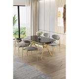 Canisa Olya Serisi 90x168 cm Lak Panel Sonata Masa Takımı, Gold Ayaklı, 4 Gri Sandalye
