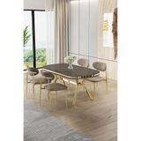Canisa Olya Serisi 90x168 cm MDF Sabit Lak Panel Antrasit İroni Masa Takımı, Gold Ayaklı, 4 Cappucino Sandalye
