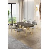 Canisa Olya Serisi 90x168 cm MDF Sabit Lak Panel Antrasit İroni Masa Takımı, Gold Ayaklı, 4 Gri Sandalye