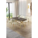 Canisa Olya Serisi 90x168 cm MDF Sabit Lak Panel Antrasit İroni Masa Takımı, Gold Ayaklı, 4 Krem Sandalye