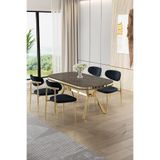 Canisa Olya Serisi 90x168 cm MDF Sabit Lak Panel Antrasit İroni Masa Takımı, Gold Ayaklı, 4 Siyah Sandalye