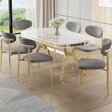 Canisa Olya Serisi 90x168 Lak Panel Beyaz Mermer Desen Masa Takımı Gold Ayaklı 6 Gri Sandalye
