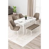 Canisa Orf Serisi 80x132 Açılabilir Beyaz Mermer Desen Yemek Odası Takımı 4 Cappucino Sandalye Ve 1 Bench