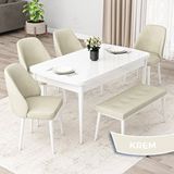 Canisa Orf Serisi 80x132 Açılabilir Beyaz Mutfak Masası Takımı ve 4 Krem Sandalye ve Krem 1 Bench