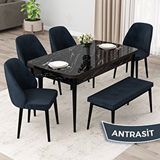 Canisa Orf Serisi 80x132 Açılabilir Siyah Mermer Desen Mutfak Masası Takımı ve 4 Antrasit Sandalye ve Antrasit 1 Bench