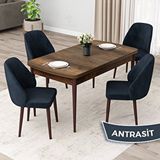 Canisa Orf Serisi 80x132 cm Açılabilir Barok Ahşap Desen 4 Antrasit Sandalye Mutfak Masası Takımı