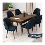 Canisa Orf Serisi 80x132 cm Açılabilir Barok Ahşap Desen 6 Antrasit Sandalye Mutfak Masası Takımı