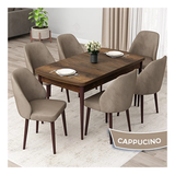 Canisa Orf Serisi 80x132 cm Açılabilir Barok Ahşap Desen 6 Cappucino Sandalye Mutfak Masası Takımı