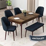 Canisa Orf Serisi 80x132 cm Açılabilir Barok Ahşap Desen ve 4 Antrasit Sandalye ve 1 Bench Mutfak Masası Takımı