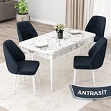 Canisa Orf Serisi 80x132 cm Açılabilir Beyaz Mermer Desen 4 Antrasit Sandalye Mutfak Masası Takımı