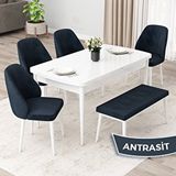 Canisa Orf Serisi 80x132 cm Açılabilir Beyaz Mermer Desen 4 Antrasit Sandalye Ve 1 Bench Mutfak Masası Takımı