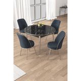 Canisa Osle Serisi 90x90 cm Yuvarlak Siyah Mermer Desen Mutfak Masa Takımı, 4 Antrasit Sandalye, Krom Ayak
