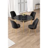 Canisa Osle Serisi 90x90 cm Yuvarlak Siyah Mermer Desen Mutfak Masa Takımı, 4 Sandalye, Gold Ayak