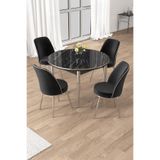 Canisa Osle Serisi 90x90 cm Yuvarlak Siyah Mermer Desen Mutfak Masa Takımı, 4 Sandalye, Krom Detay