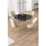 Canisa Osle Serisi 90x90 Yuvarlak Siyah Mermer Desen Mutfak Masa Takımı 4 Sandalye Gold Detay