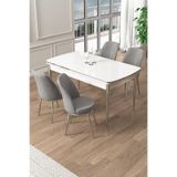 Canisa Pale Serisi 80x132 cm Açılabilir Beyaz Masa, Krom Ayak, 4 Gri Sandalyeli Mutfak Masası Takımı
