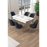 Canisa Pale Serisi 80x132 cm Açılabilir Beyaz Mutfak Masa Takımı, 6 Antrasit Sandalye, Krom Ayak