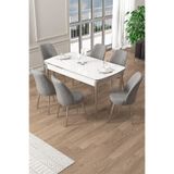 Canisa Pale Serisi 80x132 cm Açılabilir Beyaz Mutfak Masa Takımı, 6 Gri Sandalye, Krom Detay