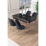 Canisa Pale Serisi 80x132 cm Açılabilir Siyah Mermer Desen Mutfak Masa Takımı, 4 Antrasit Sandalye, Krom Ayak