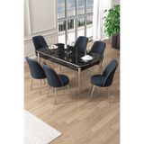 Canisa Pale Serisi 80x132 cm Açılabilir Siyah Mermer Desen Mutfak Masa Takımı, 6 Antrasit Sandalye, Krom Ayak