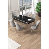 Canisa Pale Serisi 80x132 cm Açılabilir Siyah Mermer Desen Mutfak Masa Takımı, 6 Gri Sandalye, Krom Ayak