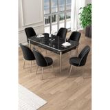Canisa Pale Serisi 80x132 cm Açılabilir Siyah Mermer Desen Mutfak Masa Takımı, 6 Siyah Sandalye, Krom Ayak