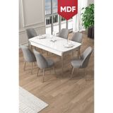 Canisa Pale Serisi 80x132 MDF Açılabilir Beyaz Mutfak Masa Takımı 6 Gri Sandalye Krom Detay
