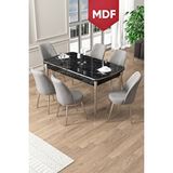 Canisa Pale Serisi 80x132 Mdf Açılabilir Siyah Mermer Desen Mutfak Masa Takımı 6 Gri Sandalye Krom Detay