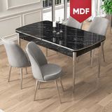 Canisa Pale Serisi MDF 80x132 cm Açılabilir Siyah Mermer Desen Mutfak Masa Takımı 4 Sandalye Krom Detay - Gri - Siyah