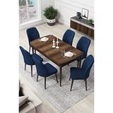 Canisa Par Serisi 70x114, Açılabilir Mdf Yemek Masası Barok Ahşap Desen Masa Ve 6 Lacivert Sandalye Takımı Kahverengi