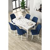 Canisa Par Serisi 70x114, Açılabilir Mdf Yemek Masası Beyaz Mermer Desen Masa Ve 6 Lacivert Sandalye Takımı