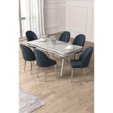 Canisa Pem Serisi 90x160 cm Beyaz Mermer Desen Masa Takımı, 6 Antrasit Sandalye, Krom Ayak