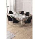 Canisa Pem Serisi 90x160 cm Beyaz Mermer Desen Masa Takımı, 6 Siyah Sandalye, Krom Ayak