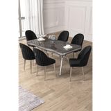 Canisa Pem Serisi 90x160 cm Lak Panel Antrasit İroni Krom Ayak Masa Takımı, 6 Siyah Sandalye