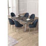 Canisa Pem Serisi 90x160 Lak Panel Antrasit İroni Krom Ayak Masa Takımı 6 Antrasit Sandalye