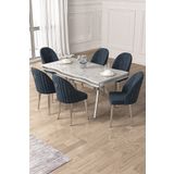 Canisa Pem Serisi 90x160 Lak Panel Beyaz Mermer Desen Krom Ayak Masa Takımı 6 Antrasit Sandalye
